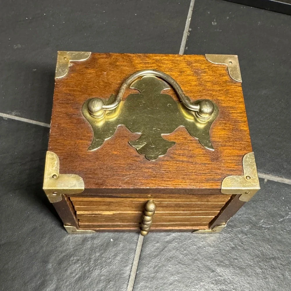 Vintage Wood Brass Campaign Style Coaster Set 8 Piece Miniature Trunk Chest MCM